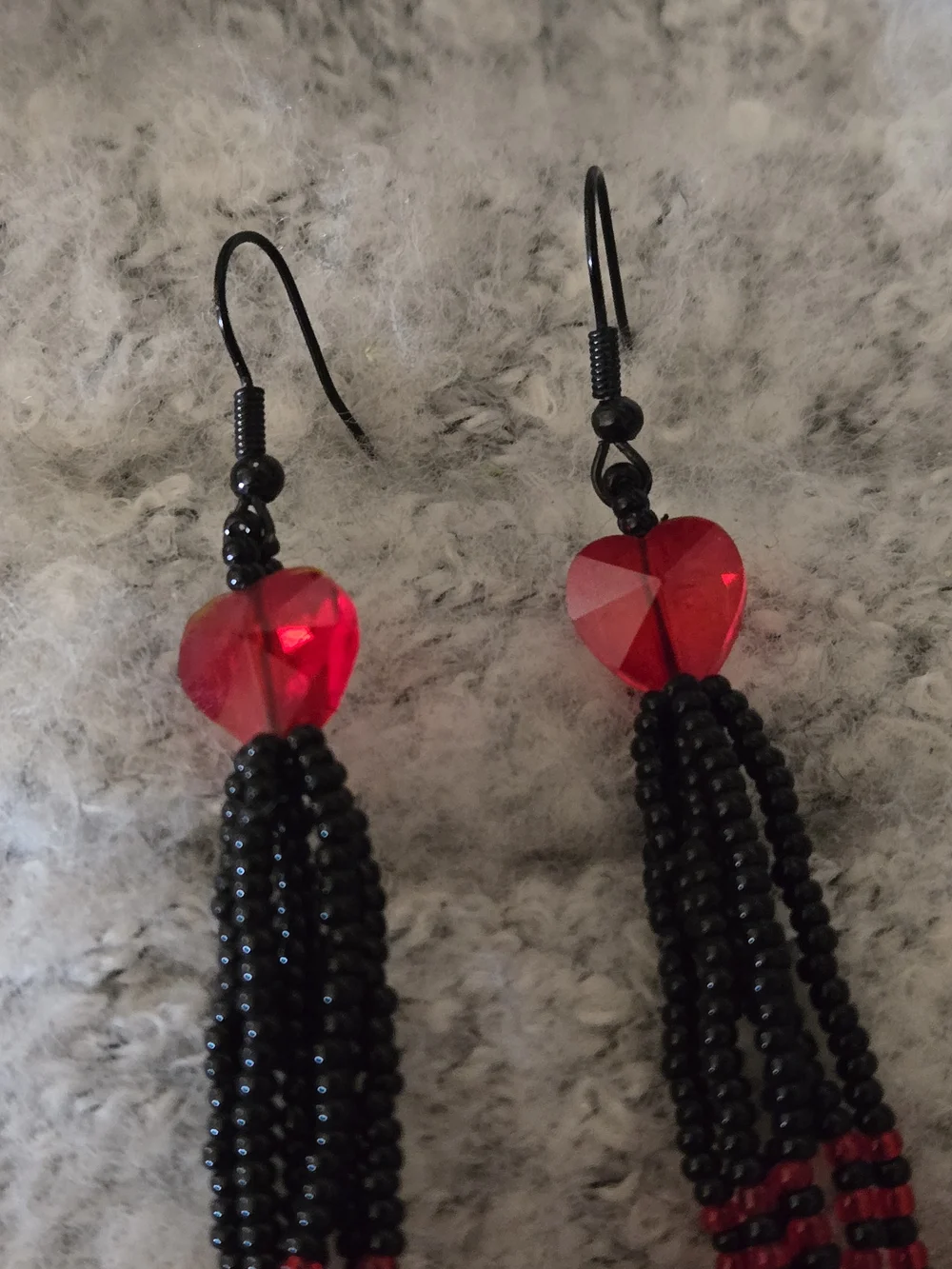 Handmade Red, White & Black Beaded Dangle Earrings With Mini Hearts - Picture 2 of 5